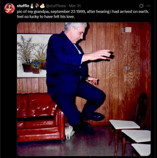 Viral tweet featuring a man levitating mid air indoors with family growing up memes text.