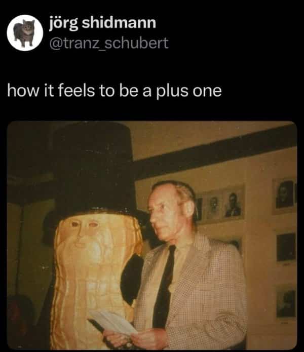 Man standing next to giant mascot Mr Peanut labeled plus one growing up memes.