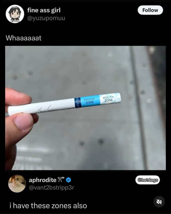 Photo showing cigarette labeled with specific finger and mouth zones growing up memes reply.