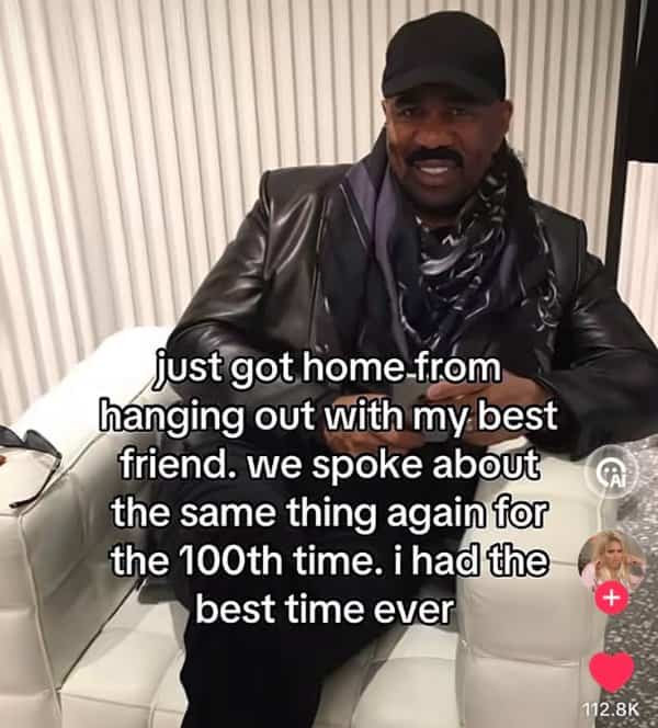 Steve Harvey wearing leather jacket sitting contentedly on couch with growing up memes text.