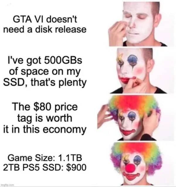Putting on clown makeup meme representing a gamer realizing the massive file size of GTA 6.