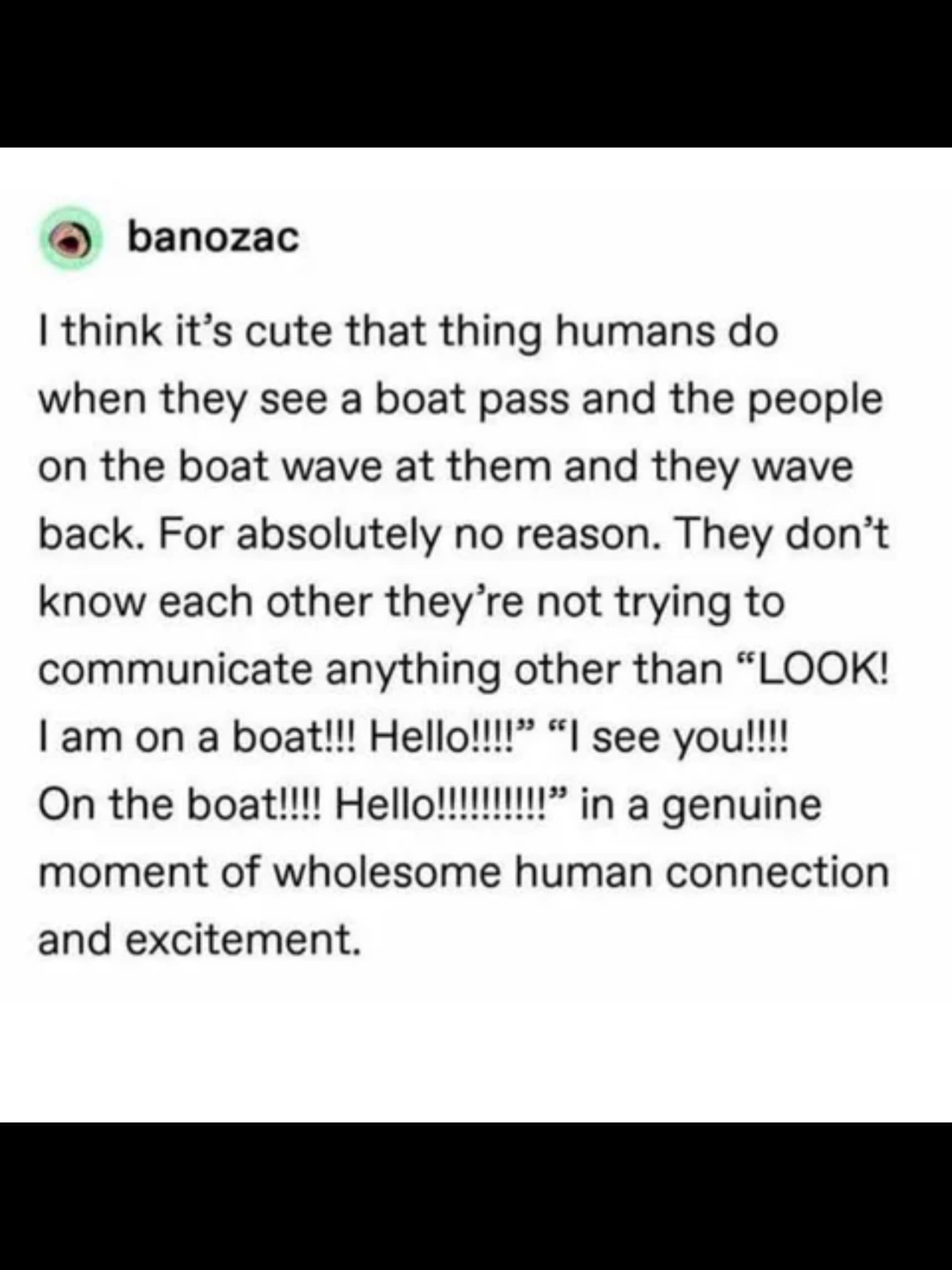 A heartwarming and hilarious meme text post by user banozac analyzing the pure, unprompted joy of strangers on a passing boat enthusiastically waving at people on the shore.