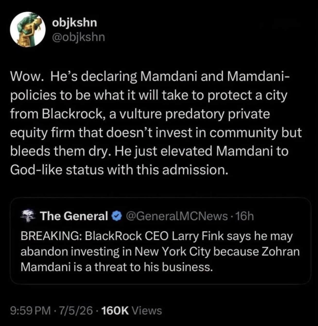 A sharp political text tweet serving as a hilarious meme celebrating corporate predatory firms inadvertently elevating a local politician to massive status by declaring them an absolute business threat.