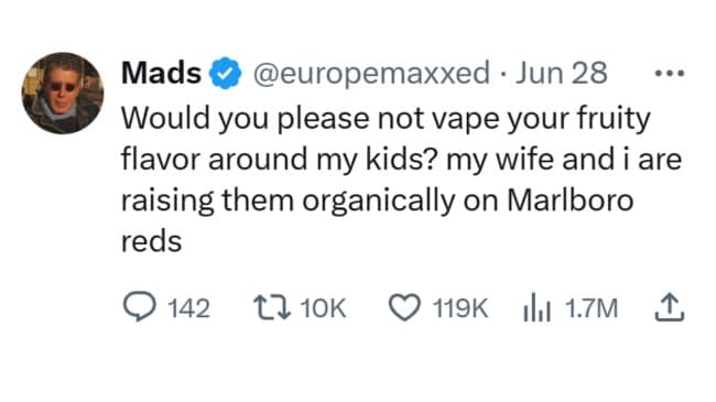 An unhinged meme dump entry features a tweet about avoiding fruity vapes to raise kids organically on cigarettes.
