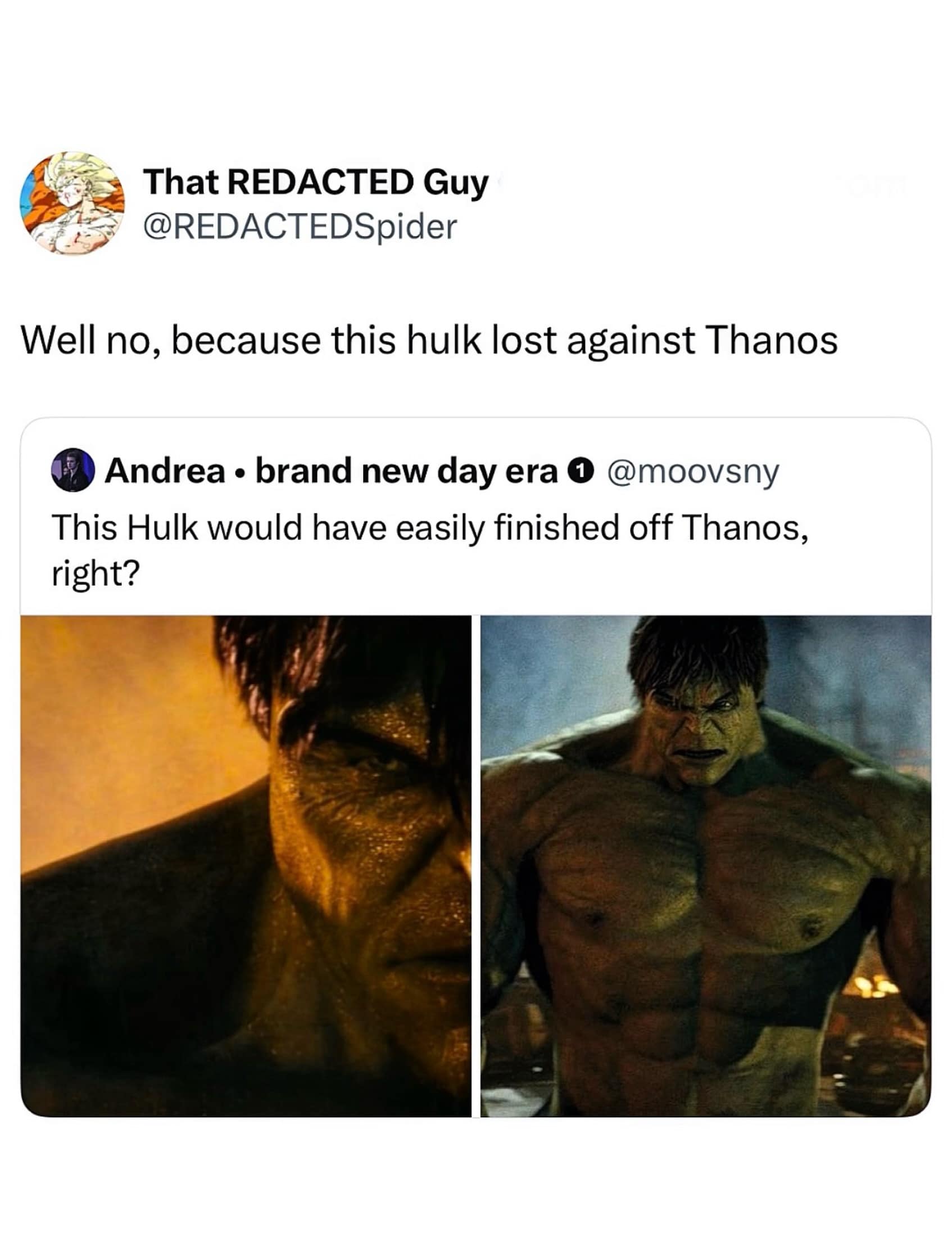 A gritty cinematic movie debate turned into a hilarious meme where a user fields a hypothetical question about the Incredible Hulk easily defeating Thanos, only to be flatly corrected by MCU canon.