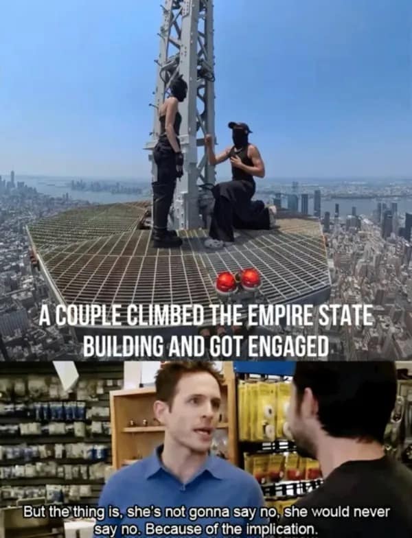 A darkly funny hilarious meme references the implication scene from Always Sunny to joke about an extreme Empire State Building engagement.