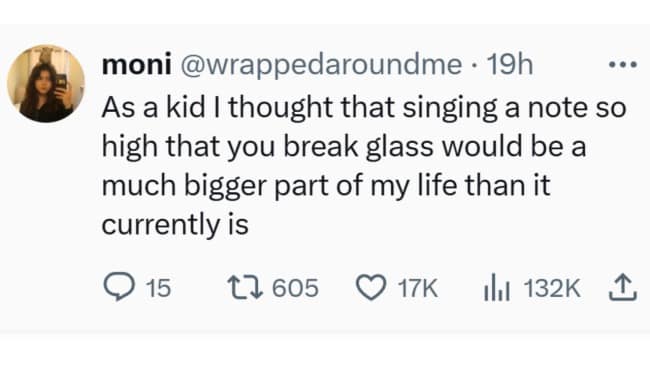 This relatable meme dump post shares a nostalgic tweet about expecting glass-shattering high notes to be a much bigger deal in adulthood.