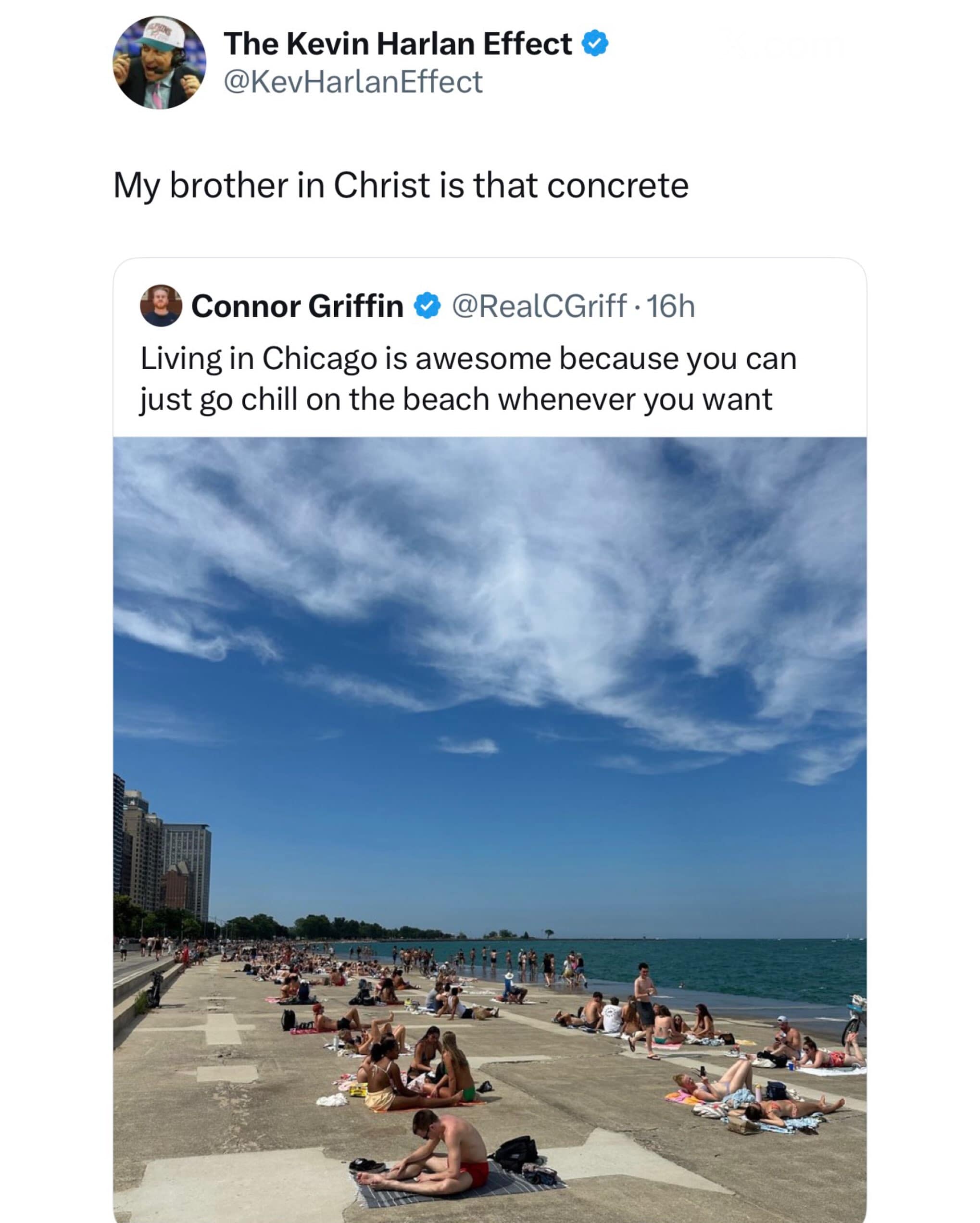 An entertaining urban landscape tweet functioning as a hilarious meme contrasts a user bragging about chilling on a Chicago beach with a quote-tweet calling out the fact that the beach is constructed entirely from flat concrete slabs.