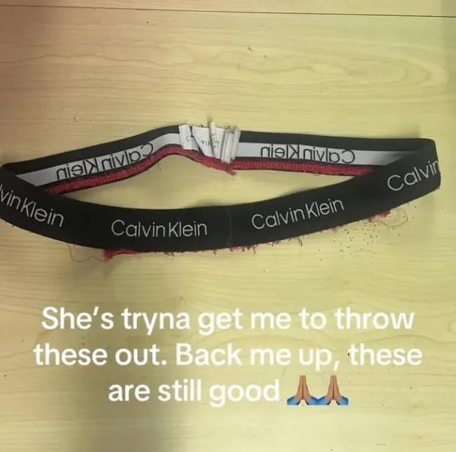 An absurd meme dump visual reveals a completely disintegrated waistband of underwear with a text plea claiming it is still good to wear.