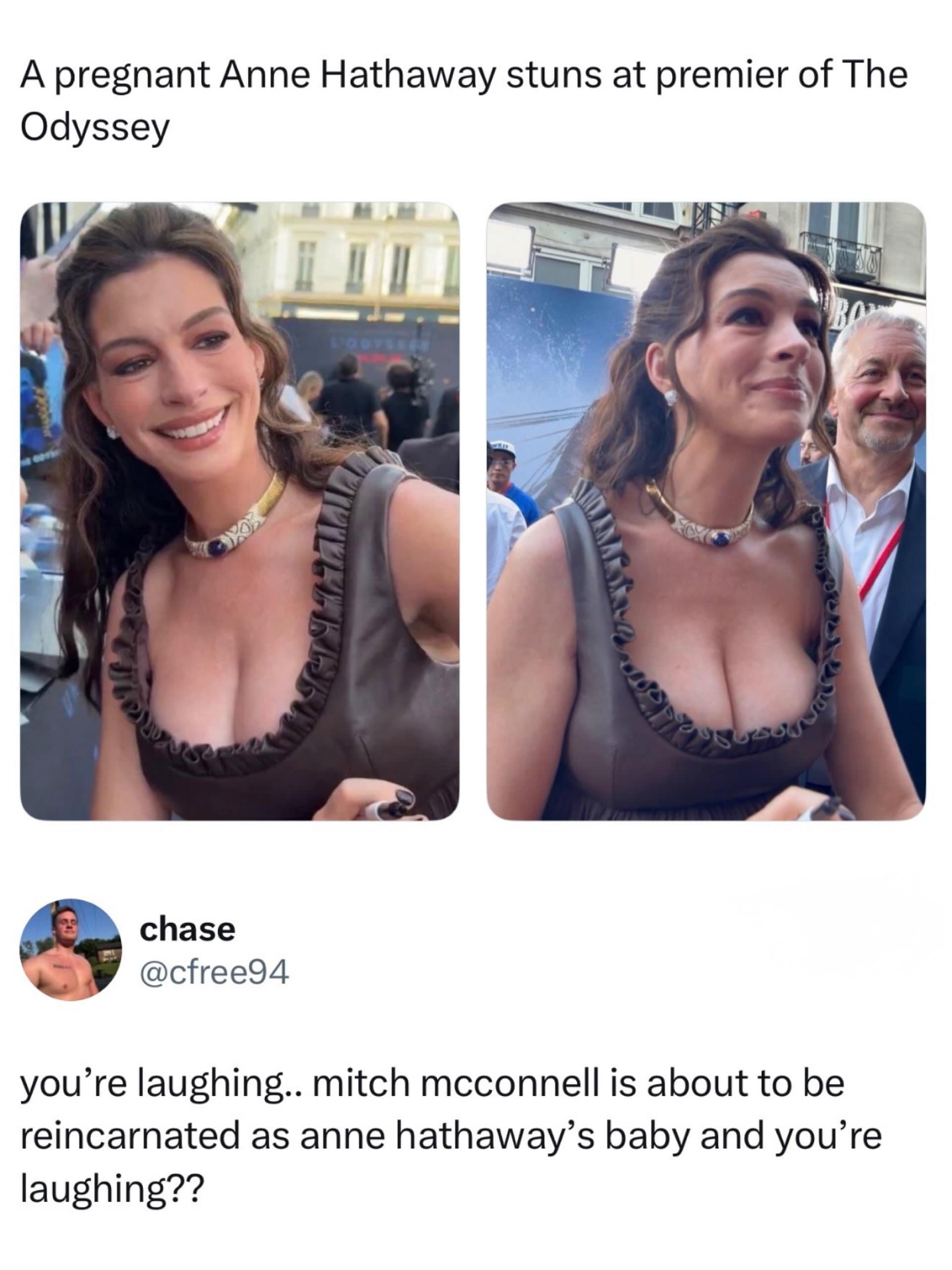 This chaotic celebrity pop-culture tweet serves as a hilarious meme joking about a prominent public official being instantly reincarnated as a Hollywood actress's unborn baby.