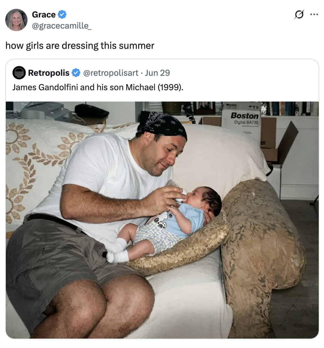 A trending entry from a Twitter meme dump jokes about summer fashion using a throwback photo of James Gandolfini feeding his baby.