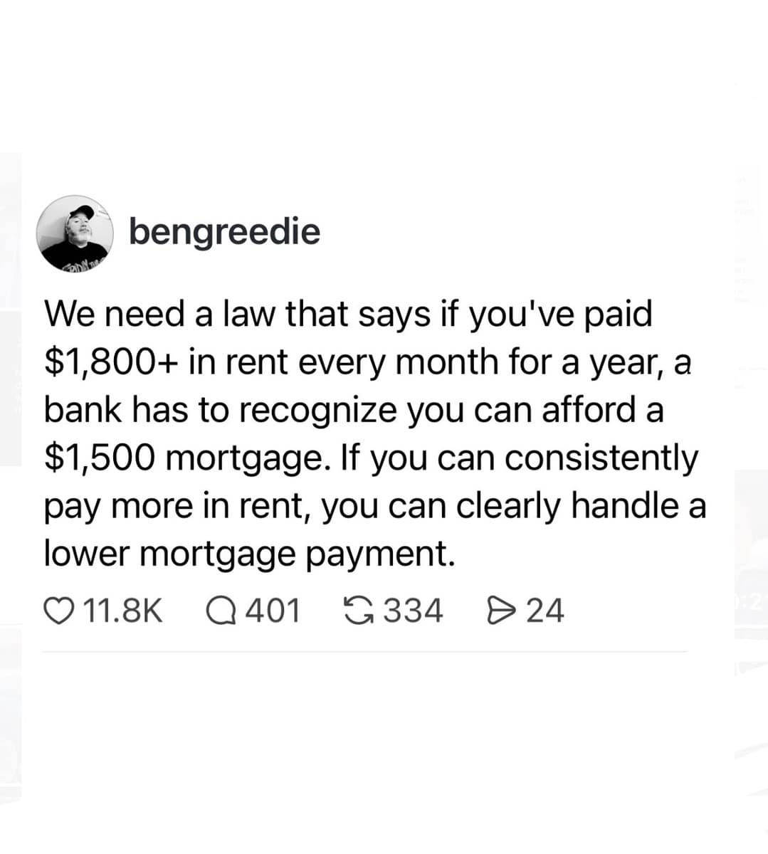 A viral economic text tweet functioning as a hilarious meme that points out the flawed logic of banks rejecting people for a $1,500 mortgage when they already successfully pay $1,800 in rent.