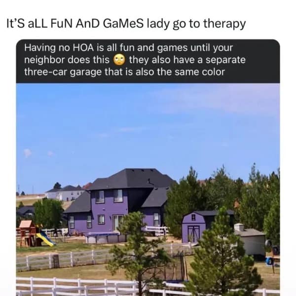 A funny real estate meme dump photo captures a giant suburban house and shed painted completely bright purple due to a lack of an HOA.