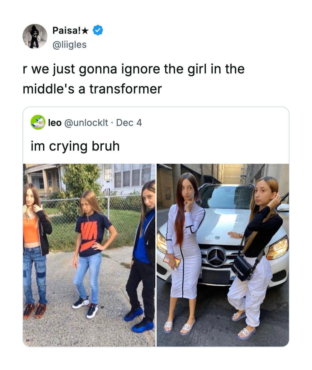 A humorous before-and-after childhood group photo comparison turned hilarious meme points out a missing friend from a trio and jokingly wonders if she transformed directly into the Mercedes-Benz behind them.