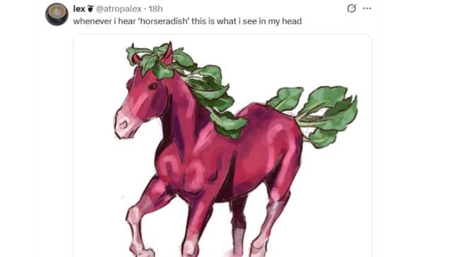 A creative illustration from an online meme dump visualizes a literal horseradish as a pink horse with green root vegetable leaves.