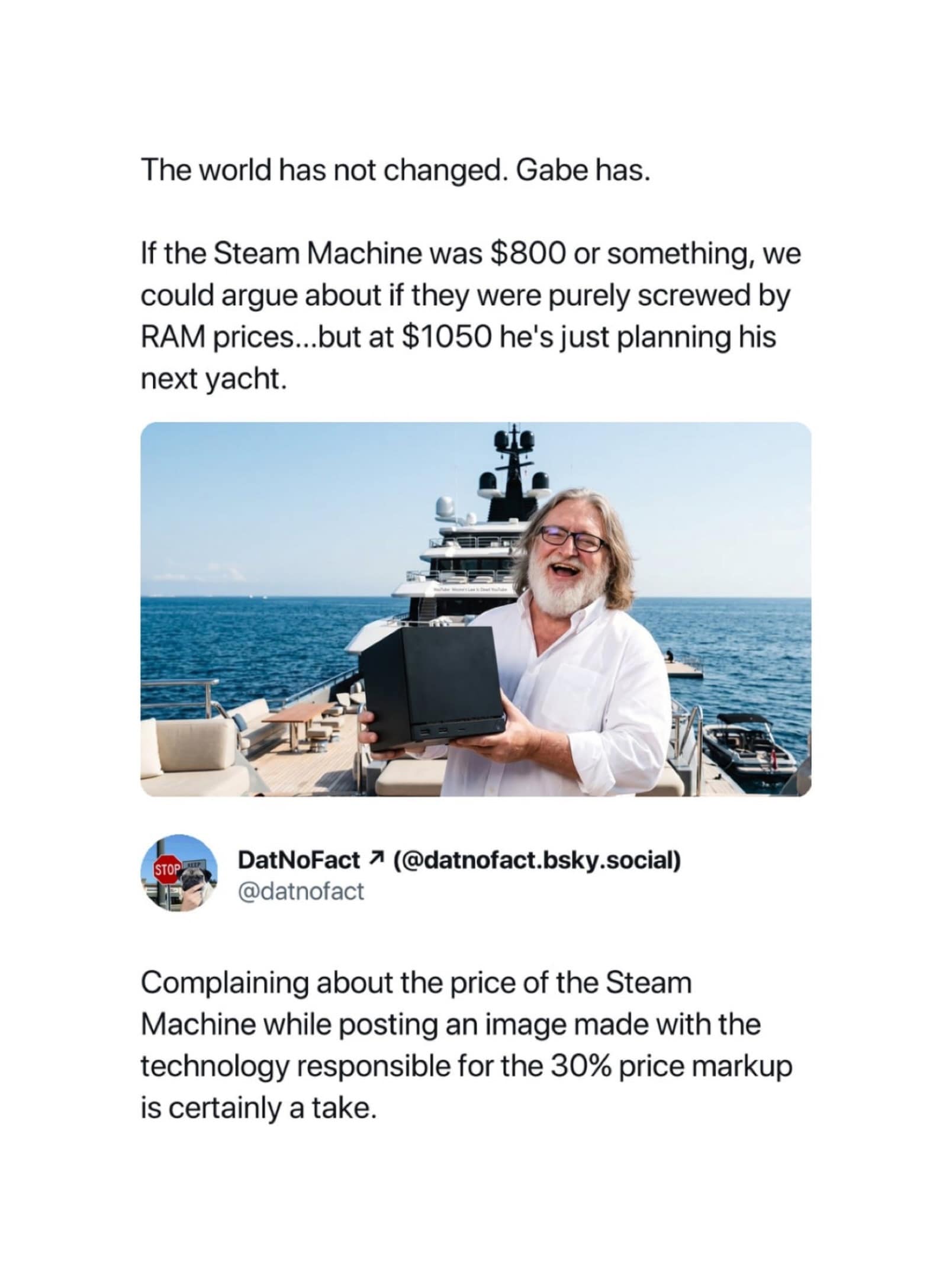 A tech-sector hilarious meme showing a screenshot of Gabe Newell holding a hardware box on a yacht, paired with a clever reply roasting a user for complaining about prices using an AI-generated image.