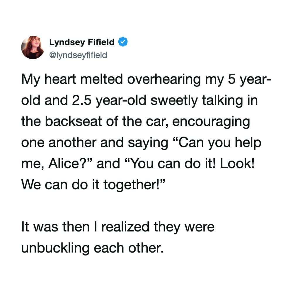 This text-based hilarious meme features a viral tweet about a parent realizing their toddlers were sweetly collaborating to unbuckle each other.