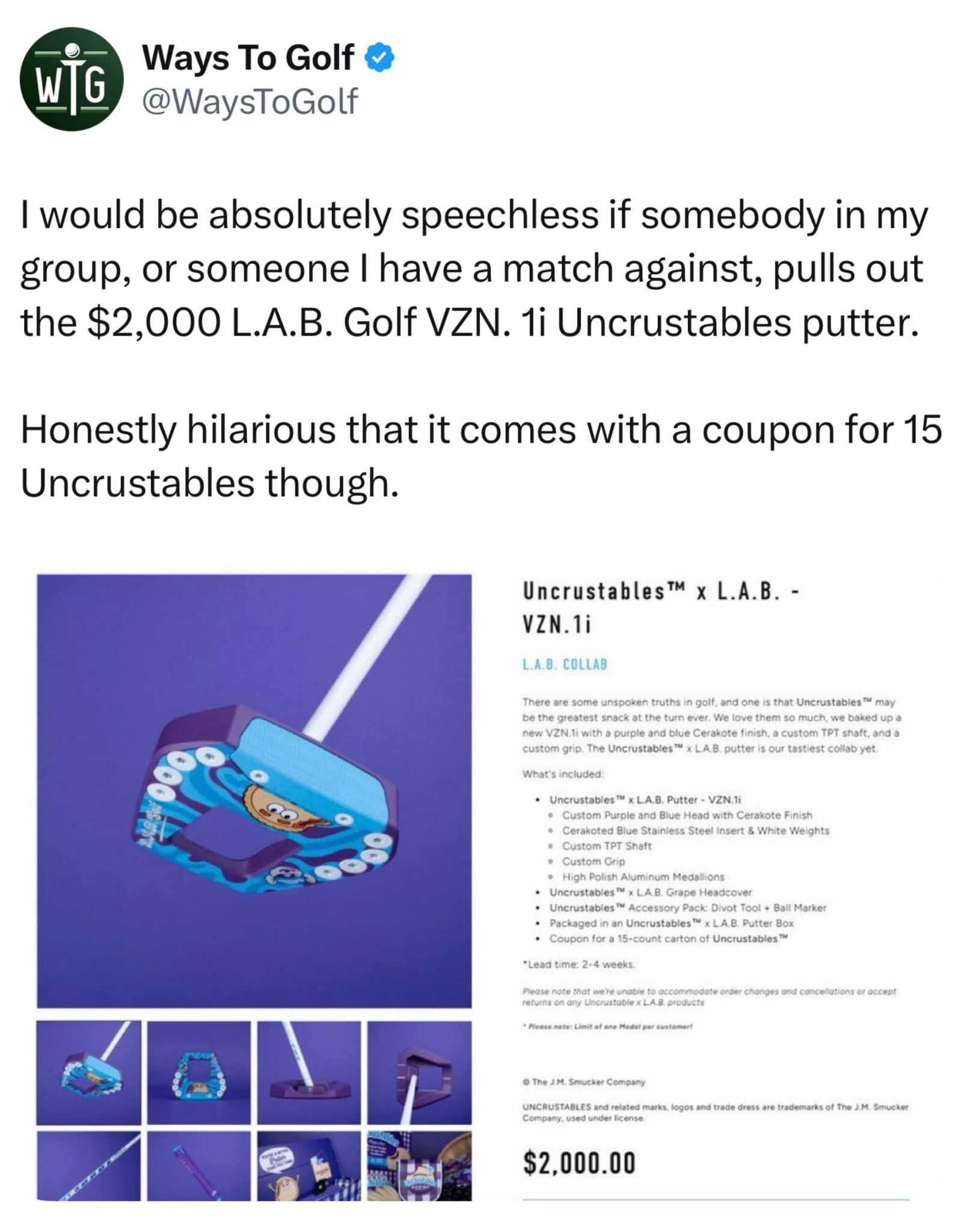 This outrageously luxurious hilarious meme highlights a promotional flyer for a custom purple $2,000 L.A.B. golf putter collab with Uncrustables that inexplicably comes with a 15-pack sandwich coupon.