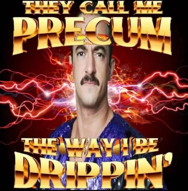 An unhinged piece from a chaotic meme dump features retro golden text and lightning surrounding a man with a thick mustache.