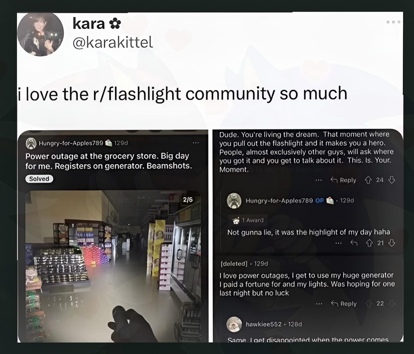 A niche internet hilarious meme compilation showcasing screenshots from the r/flashlight Reddit community absolutely losing their minds with excitement over a dark grocery store power outage.