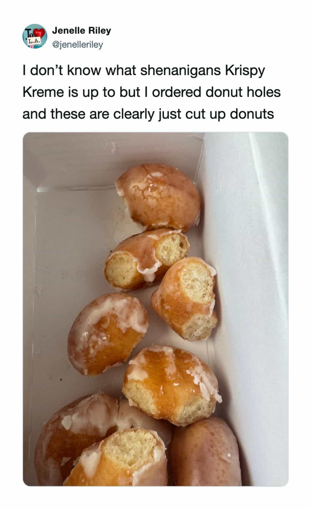 A textbook hilarious meme shows a box of Krispy Kreme donut holes that are clearly just regular glazed donuts cut into random pieces.