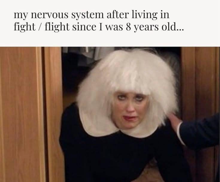 This frantic image in a mental health meme dump shows Moira Rose from Schitt's Creek looking completely disheveled in a giant white wig.