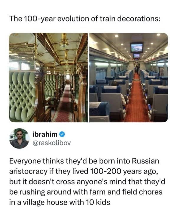 Side-by-side comparison of a luxurious historic train interior and a sterile modern commuter train car.