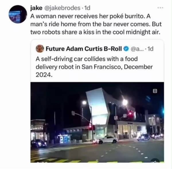 Nighttime traffic intersection showing a headline about an autonomous vehicle colliding with a delivery robot.
