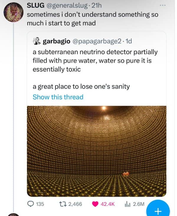 Inside a massive subterranean neutrino detector tank lined with thousands of golden light sensors.