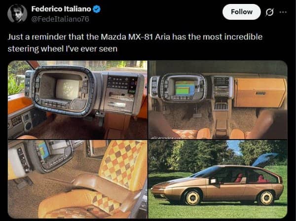 Retro interior design of the Mazda MX-81 Aria concept car showing a square-framed steering screen.