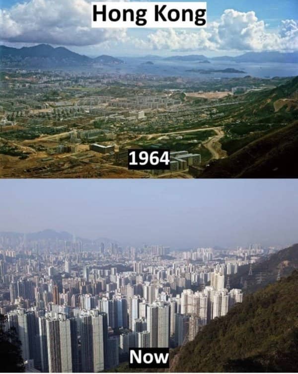Before and after landscape comparison photos of Hong Kong hillsides in 1964 versus modern high-rises.