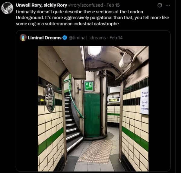 Photo of a narrow, tiled staircase and a green door in the London Underground network.