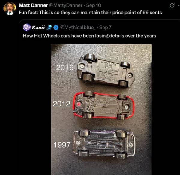 Undersides of three Hot Wheels toy cars from 1997, 2012, and 2016 showcasing loss of chassis detail.