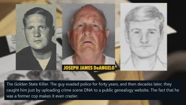 A composite of mugshots and sketches of Joseph James DeAngelo, identifying him as the Golden State Killer.