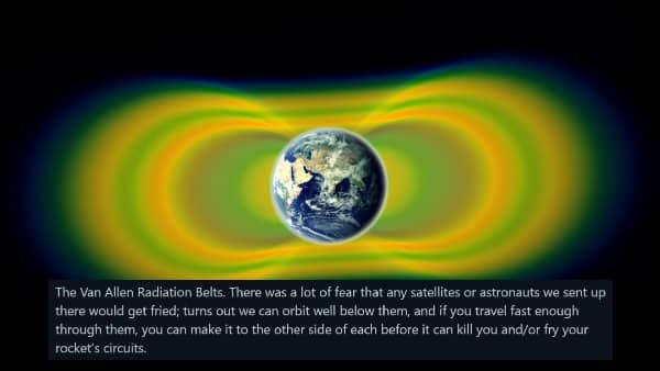 A graphic showing the Earth surrounded by glowing green and orange Van Allen radiation belts.