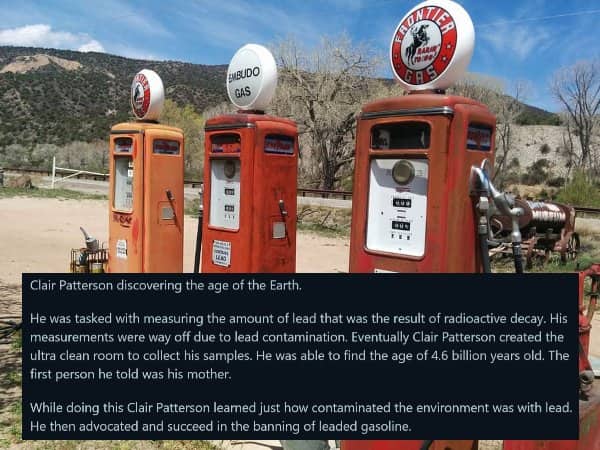 Three vintage orange and red gas pumps outdoors, detailing Clair Patterson's discovery of Earth's age.