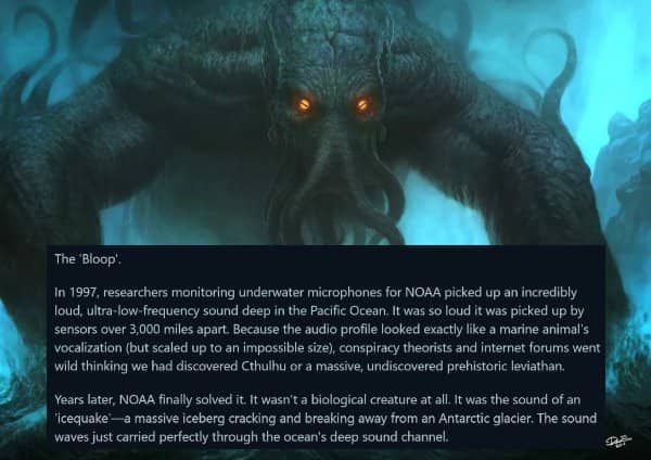 An illustration of Cthulhu emerging from dark waters, detailing the explanation behind the oceanic "Bloop" sound.