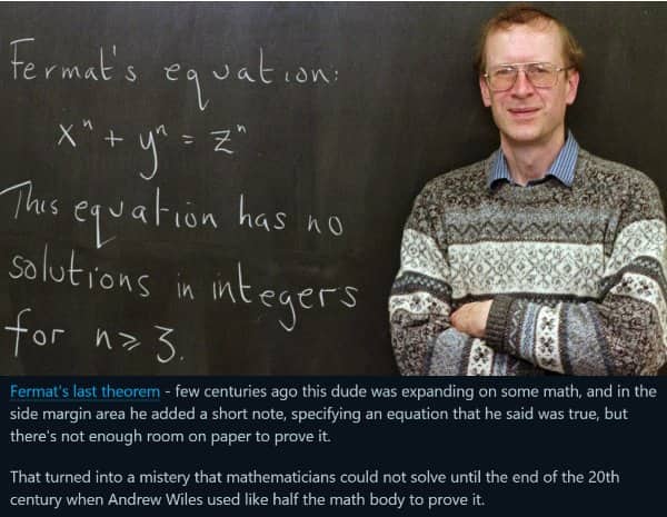 Mathematician Andrew Wiles smiling next to a blackboard displaying Fermat's Last Theorem equation.
