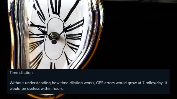 A warped, melting clock design on a black surface, explaining the necessity of time dilation in GPS systems.