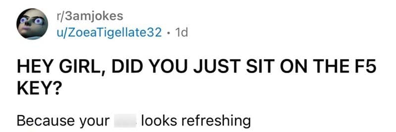 Tech humor pickup line posted on Reddit asking if a girl sat on the F5 key.