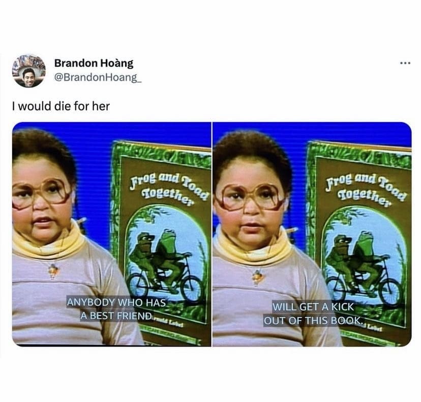This sweet retro television funny meme preserves a screenshot of an old educational reading program shared on Twitter by Brandon Hoàng (@BrandonHoang_). The image shows a young girl with oversized round vintage glasses giving a review of the book Frog and Toad Together, captioned with the wholesome declaration: "I would die for her."
