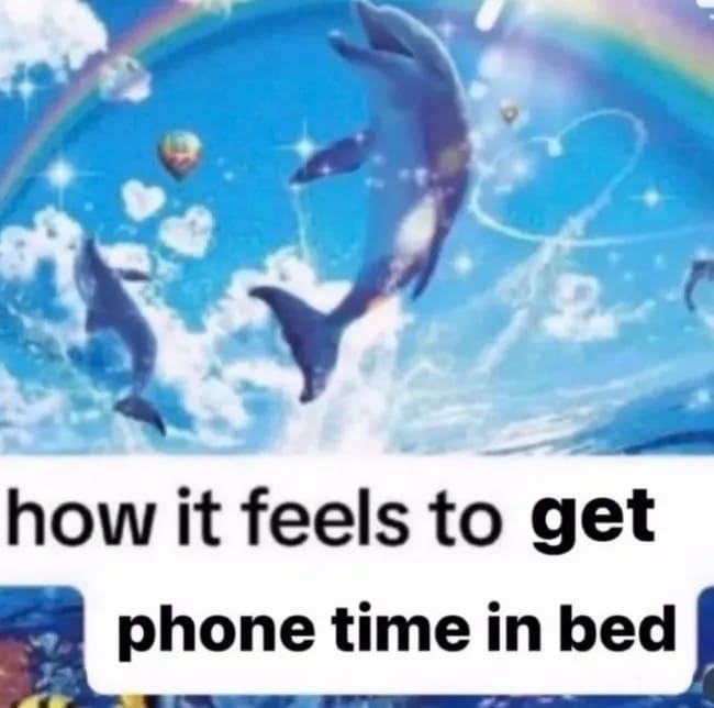 This brightly colored funny meme captures a hyper-saturated, nostalgic 90s-style airbrush painting of majestic dolphins leaping through an ocean under a vibrant rainbow. The large text block across the center reads, "how it feels to get phone time in bed," comparing late-night scrolling to pure euphoria.