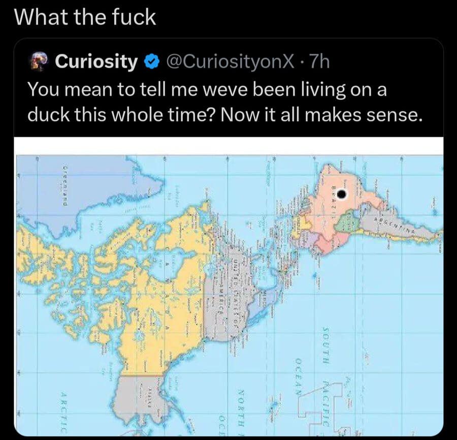 A funny meme from a recent Twitter screenshot showing a map of the Americas rotated sideways to perfectly resemble the silhouette of a duck.