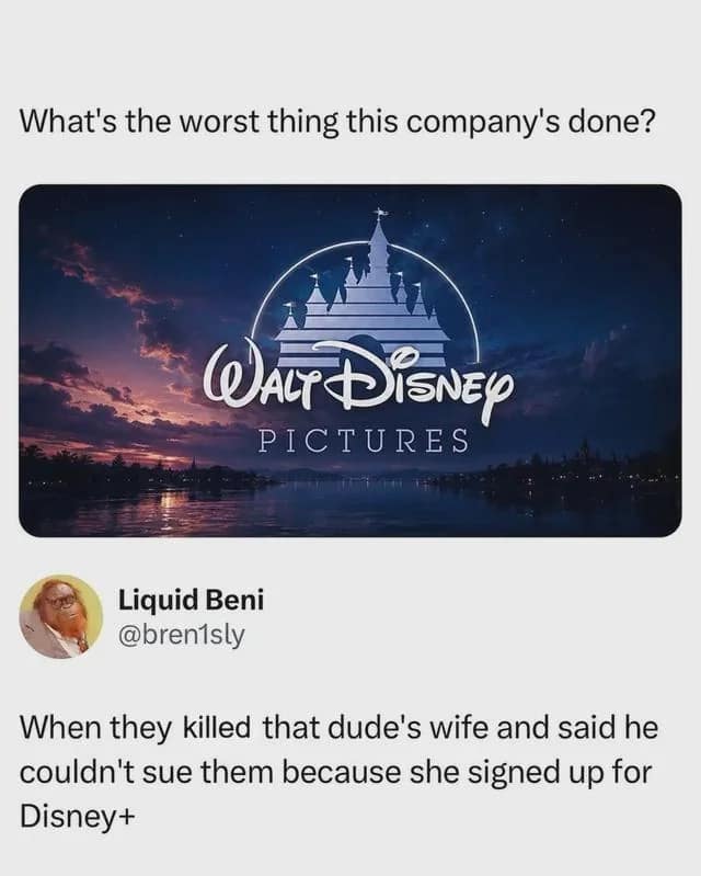 A dark corporate critique in this meme dump pairs the classic Walt Disney Pictures castle logo with a savage reply highlighting their controversial real-world legal defense strategies.
