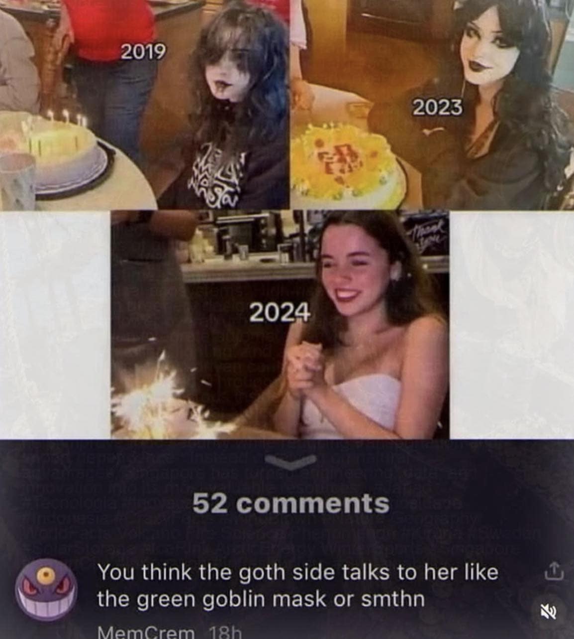 This pop-culture commentary snapshot from a meme dump shows a girl's timeline shift from heavy goth style to conventional chic, paired with a comment wondering if her dark side talks to her like Spider-Man's Green Goblin mask.