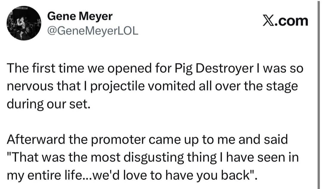 A chaotic funny meme recounts a musician projectile vomiting on stage from nerves and being immediately invited back by the promoter.