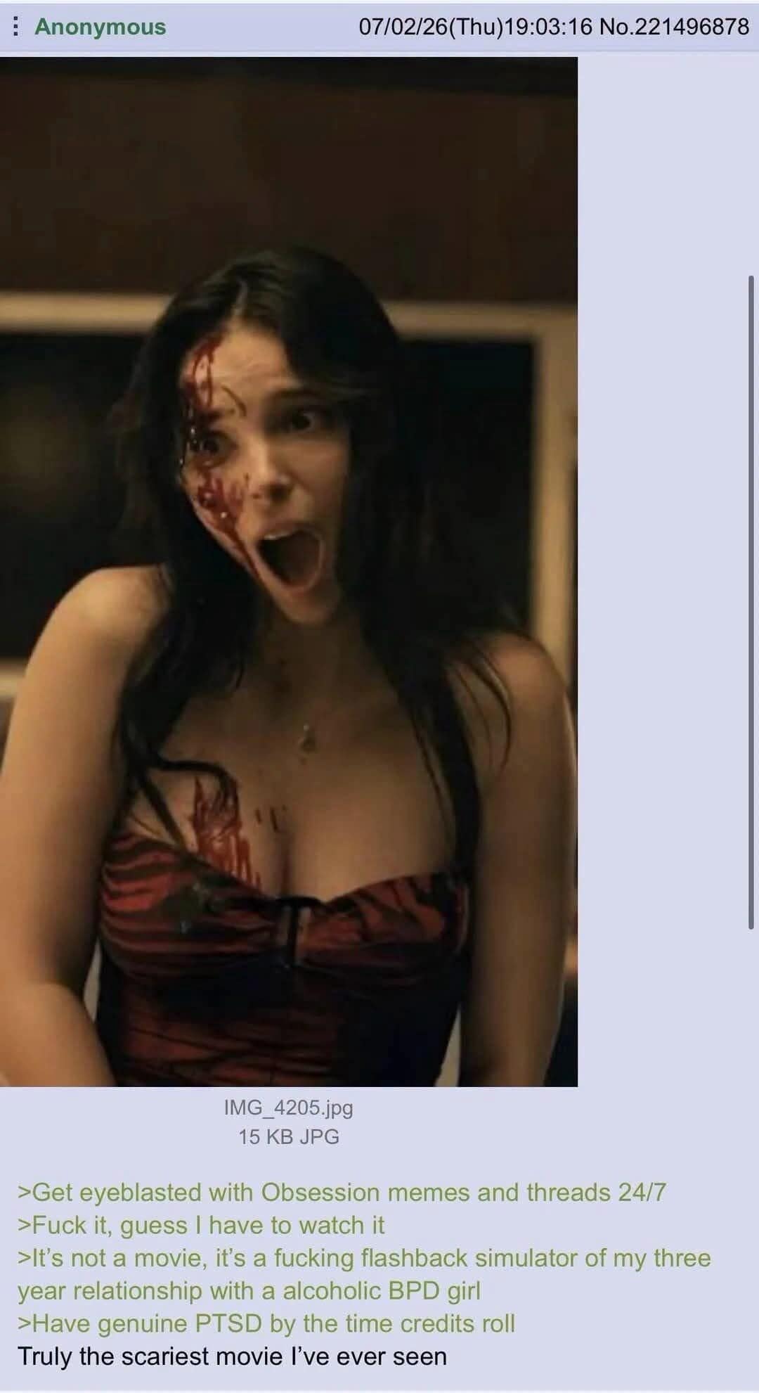 A dark humor 4chan greentext post paired with a blood-splattered horror movie screenshot describing an intense, stress-inducing cinema experience.