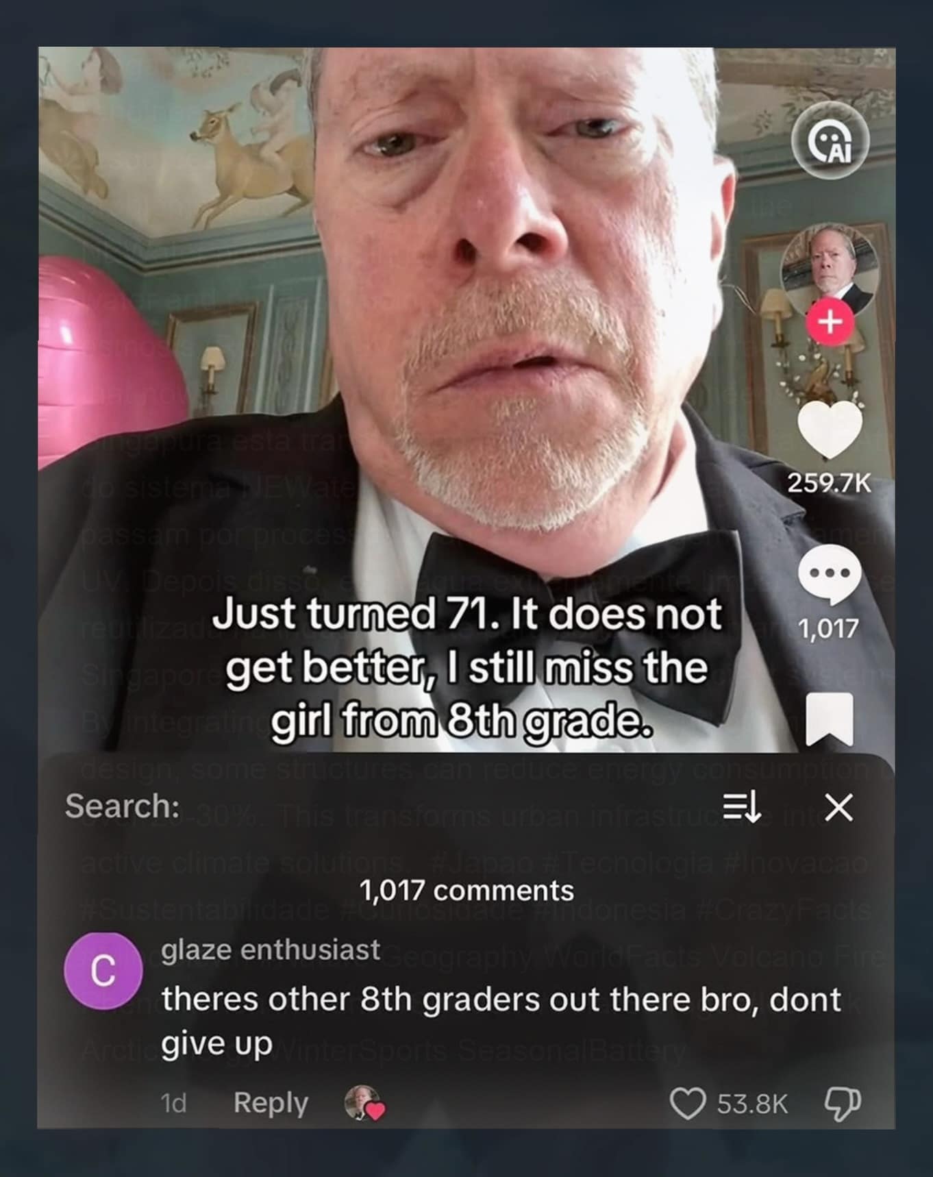 A screenshot from a TikTok video features an older gentleman in a tuxedo looking directly into the camera with text overlay about turning 71 and still missing the girl from 8th grade, followed by a witty reply.