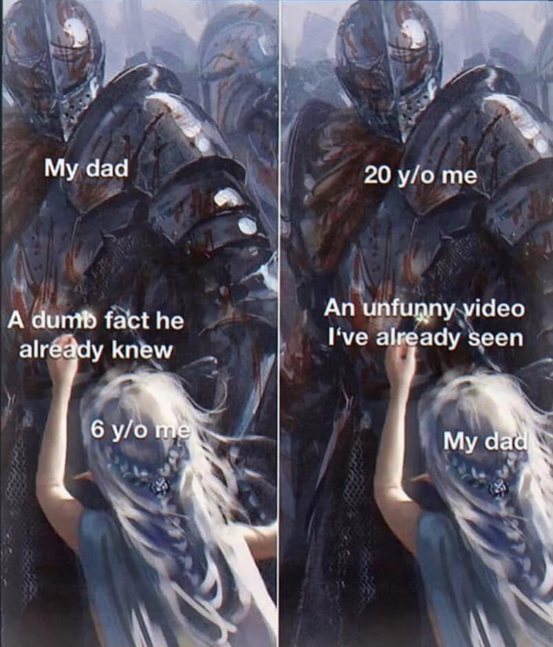 A touching fantasy-themed funny meme about a reciprocal relationship between a dad and his child sharing interesting facts and silly internet videos over a lifetime.
