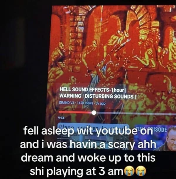 A spooky addition to this meme dump features a smartphone screenshot of an ominous red demon painting video playing "Hell Sound Effects" at 3:00 AM after a user fell asleep.